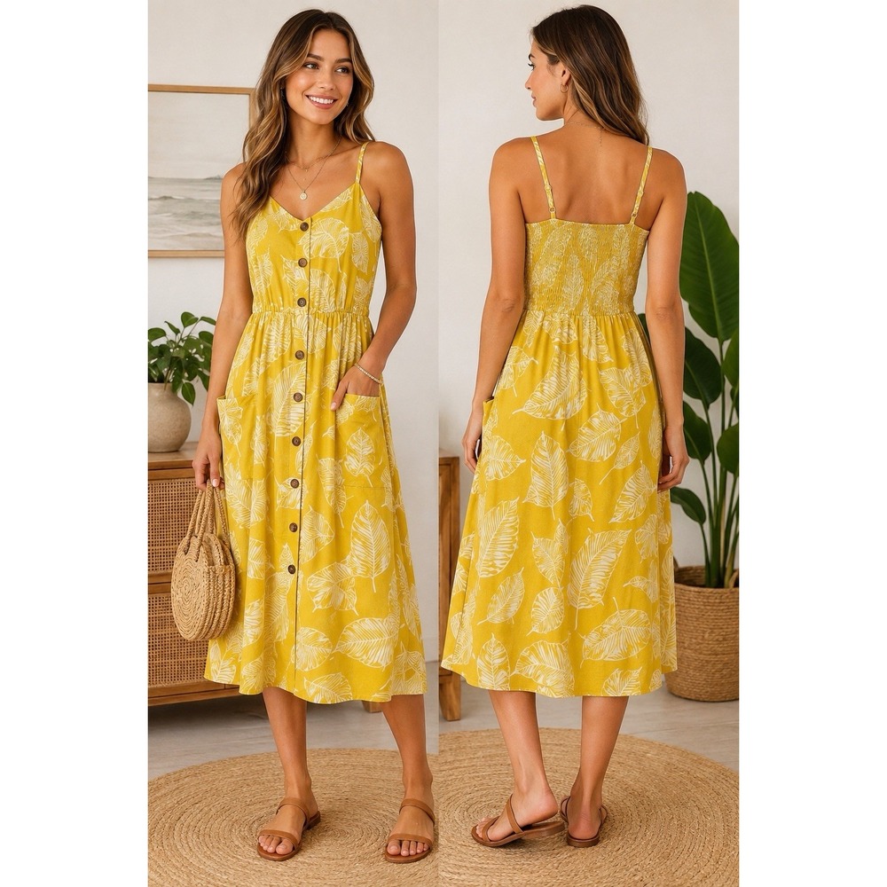 Angashion Tropical Leaf Print Midi Dress Small Beach Vacation